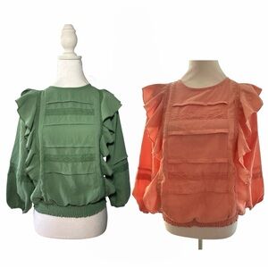 Girls Ruffle Blouse Duo in Green and Coral XL ( 14 - 16 )